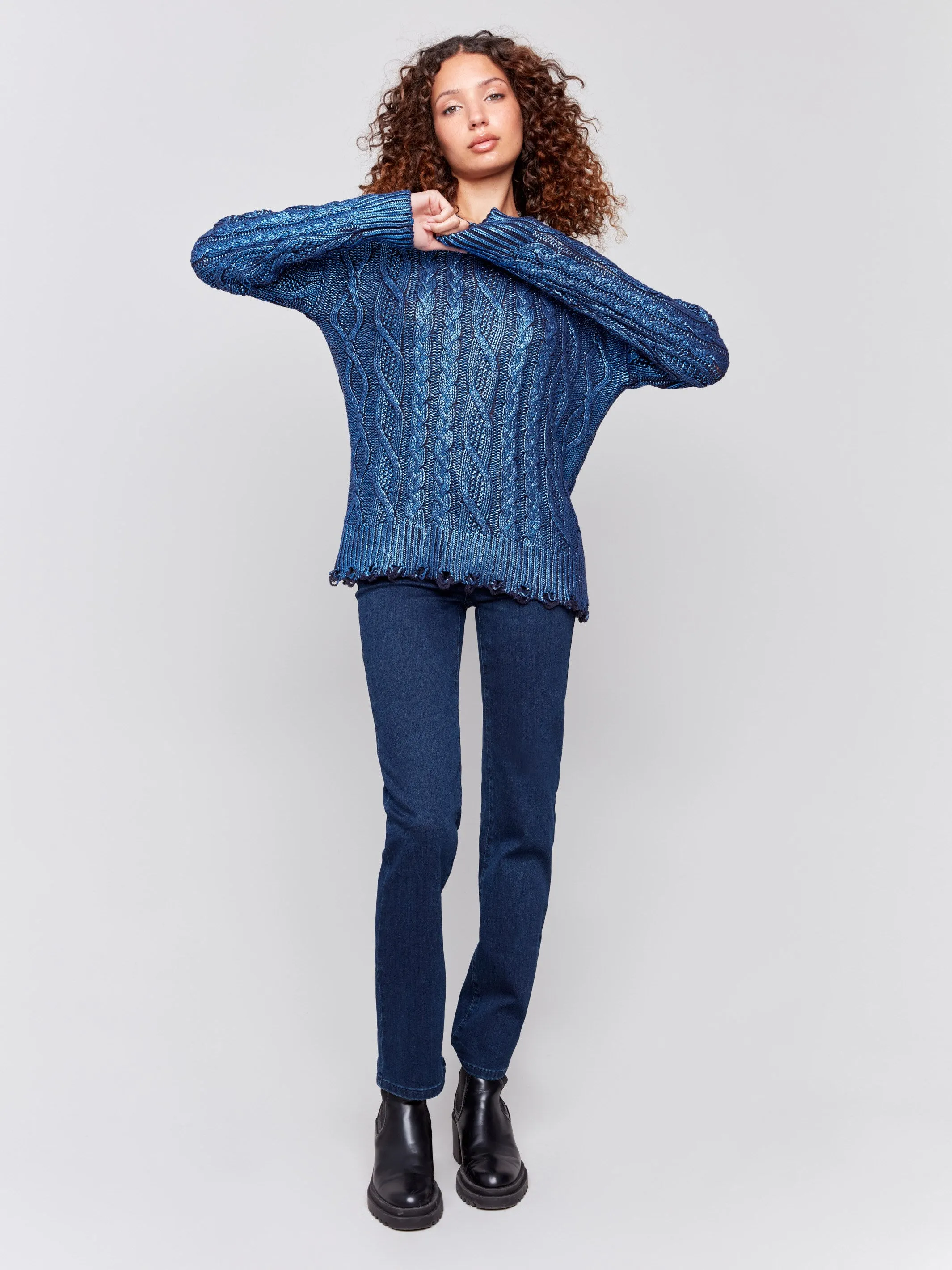 Metallic Cable Knit Sweater - Blue