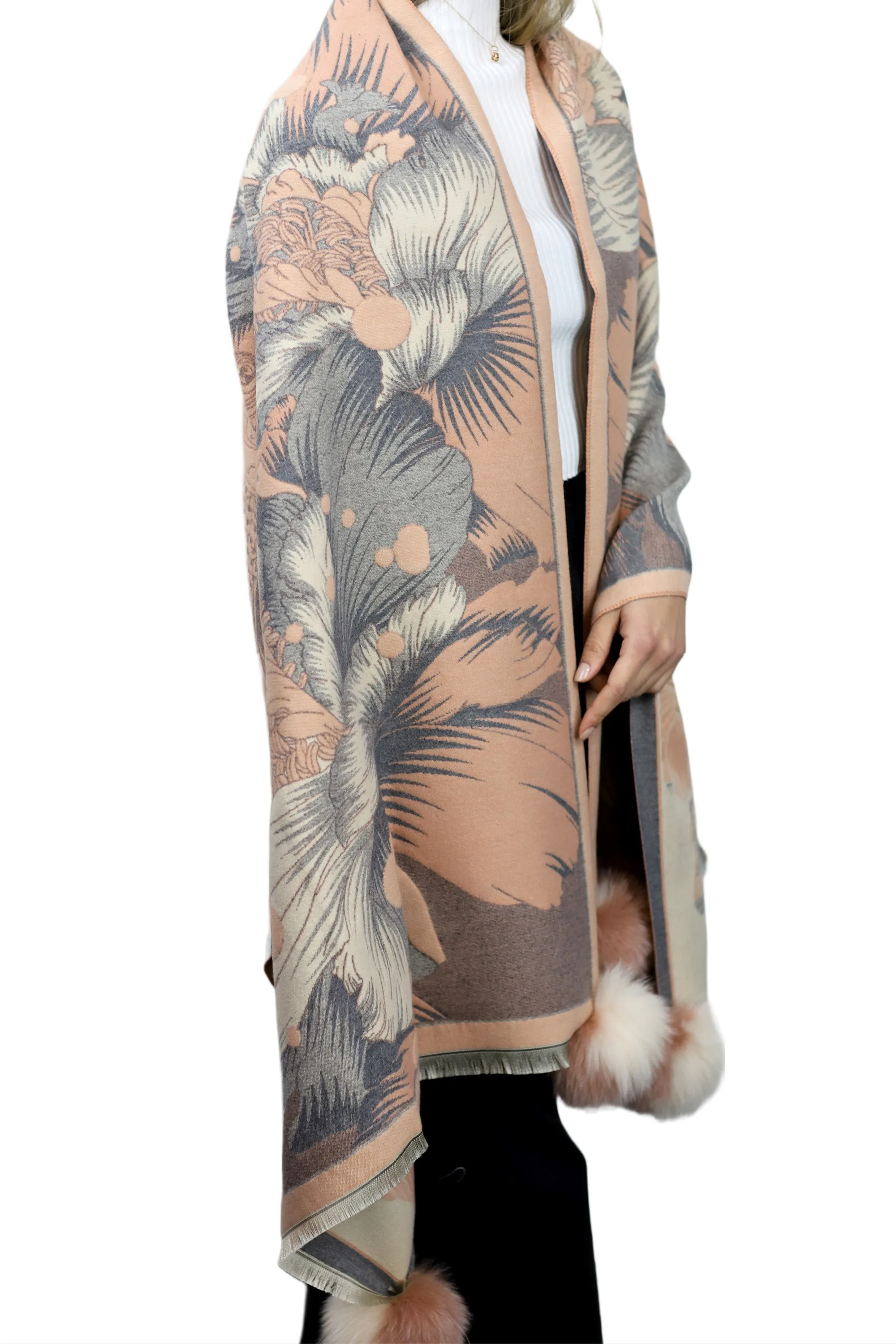 Oversized Floral Print Wrap with Fox Poms - Pink & Beige