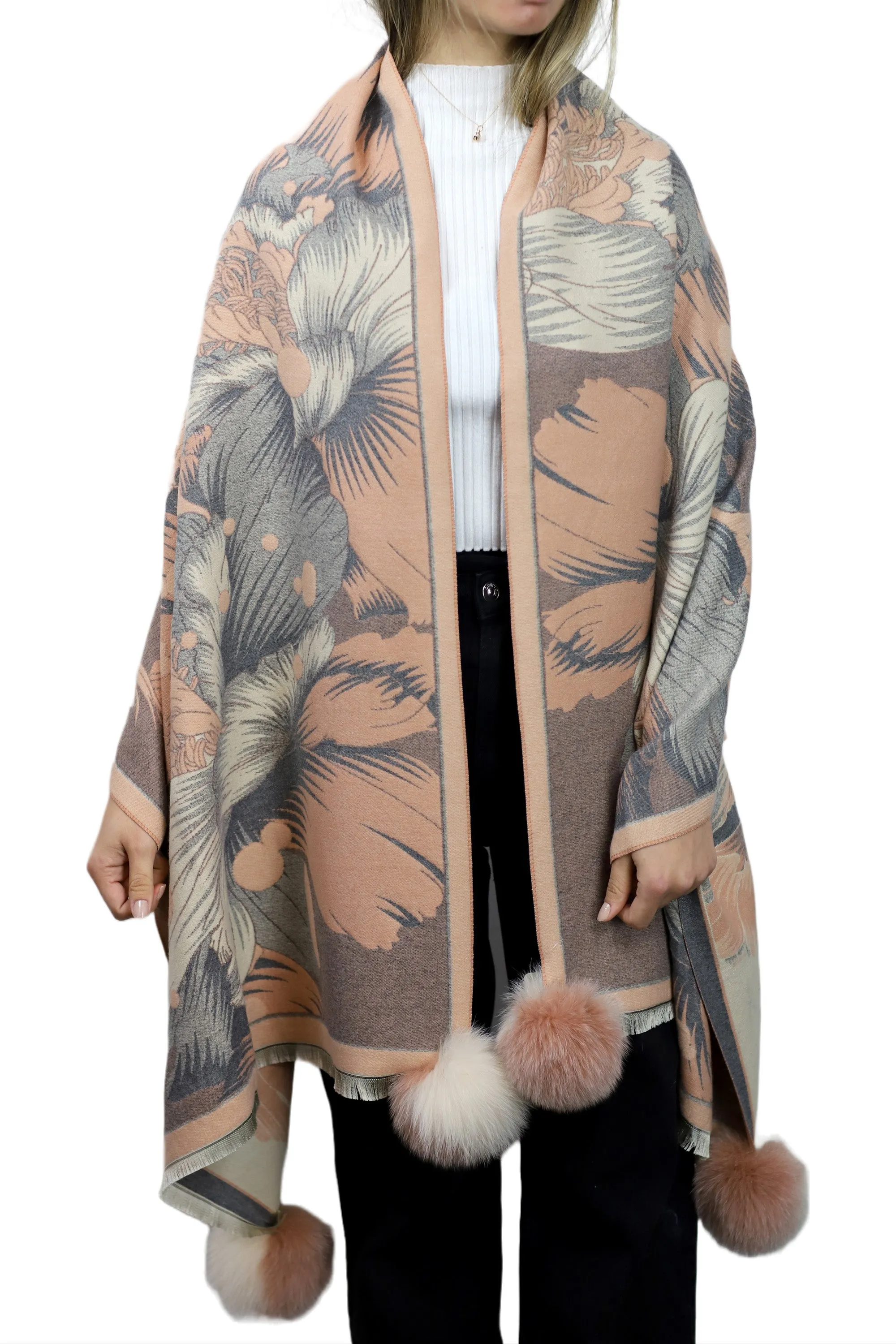 Oversized Floral Print Wrap with Fox Poms - Pink & Beige