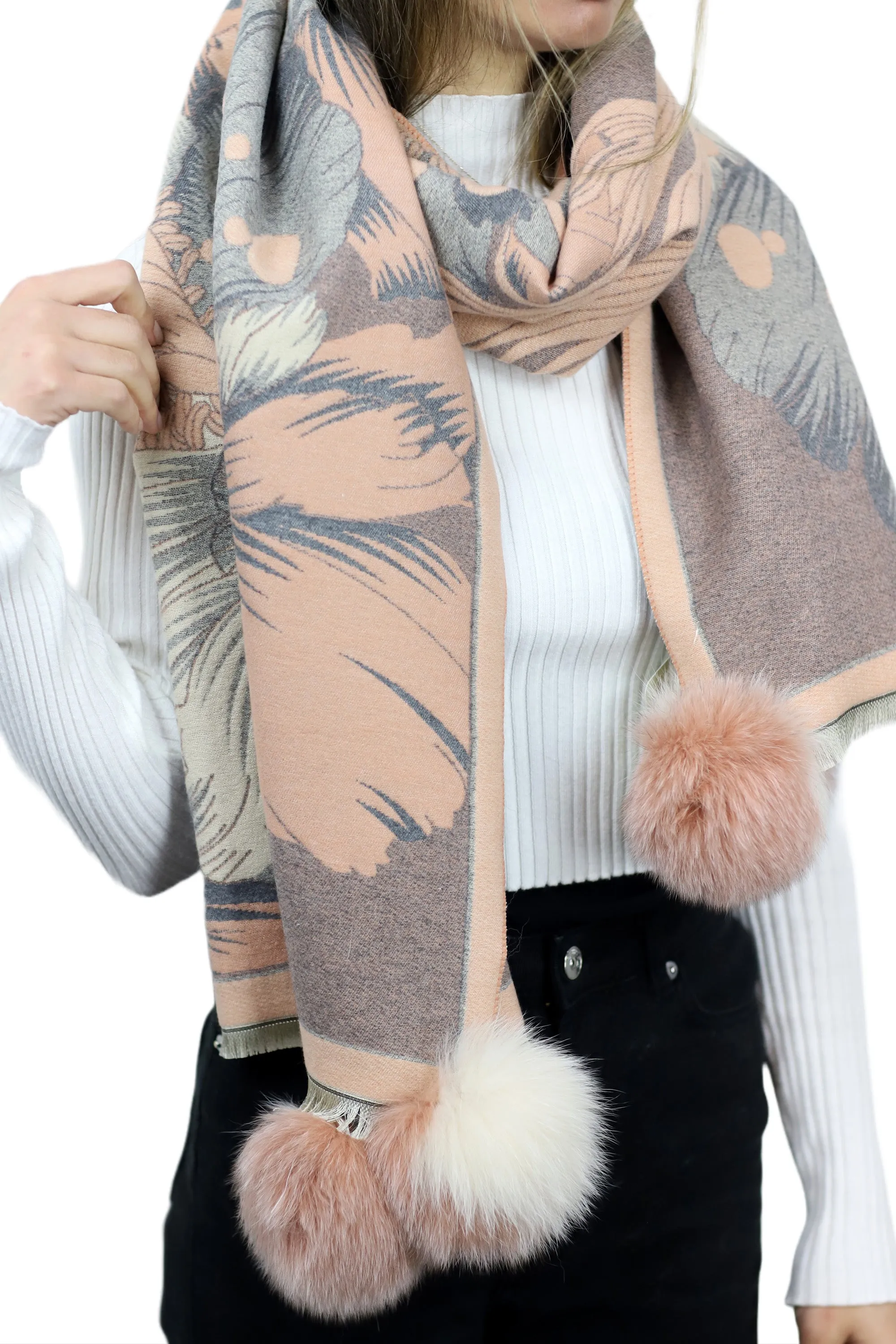 Oversized Floral Print Wrap with Fox Poms - Pink & Beige