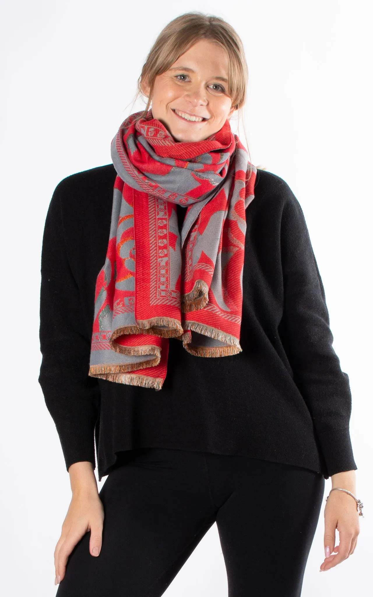 Winter Scarf | Flower Print | Grey & Red