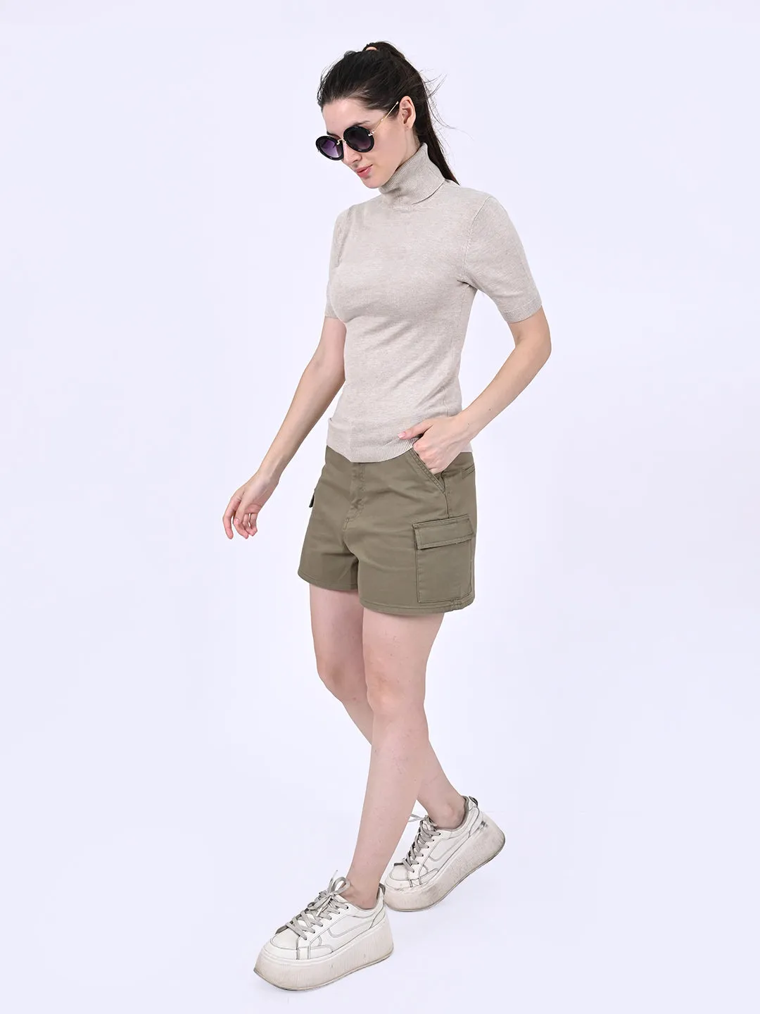 Women Beige High Neck Top