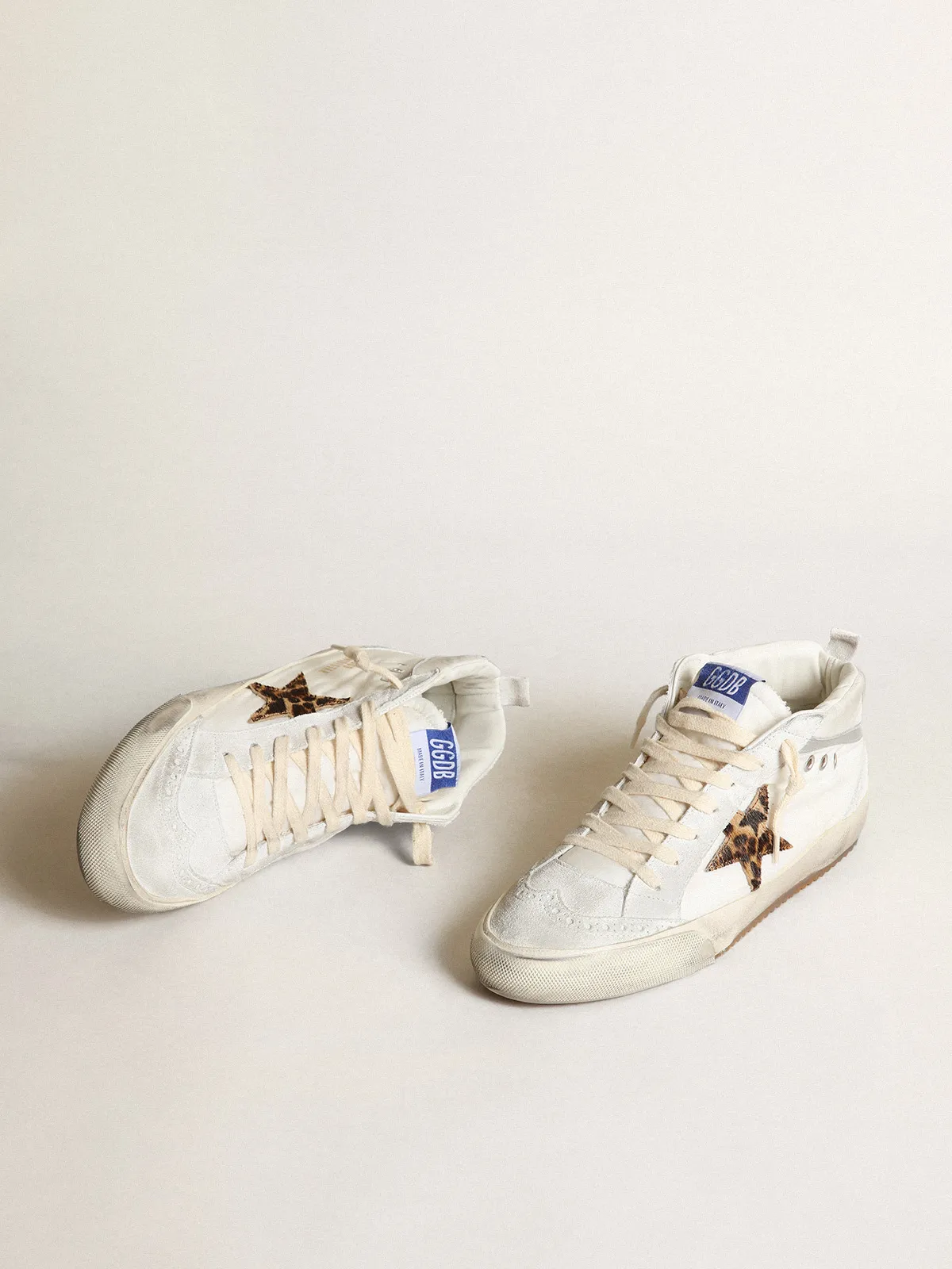 Women's Mid Star LTD in white nylon with leopard print pony skin star