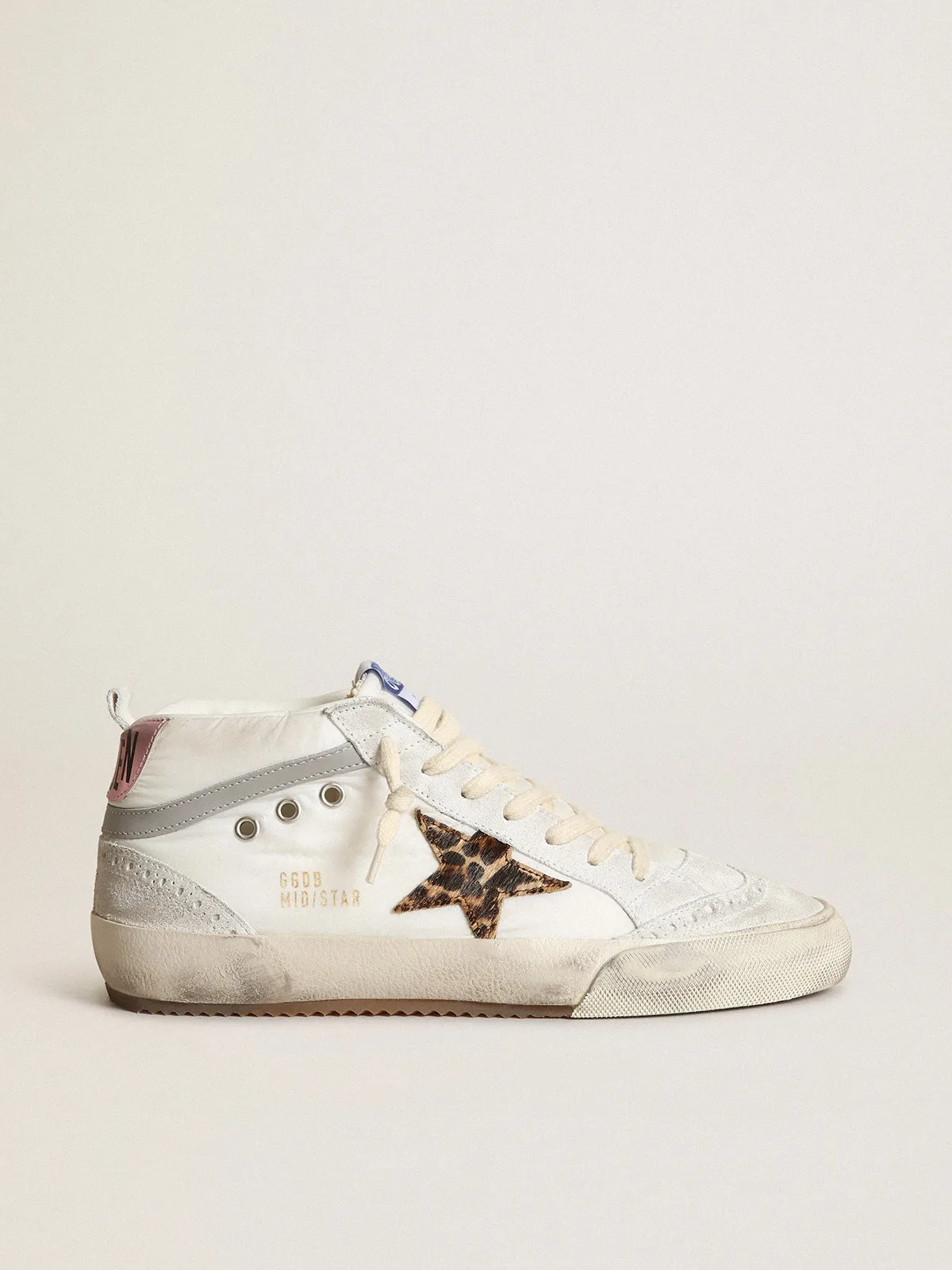 Women's Mid Star LTD in white nylon with leopard print pony skin star